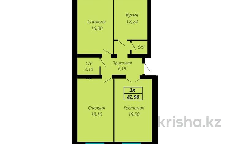 3-комнатная квартира, 82.96 м², 2/10 этаж, мкр. Батыс-2 за ~ 20.7 млн 〒 в Актобе, мкр. Батыс-2